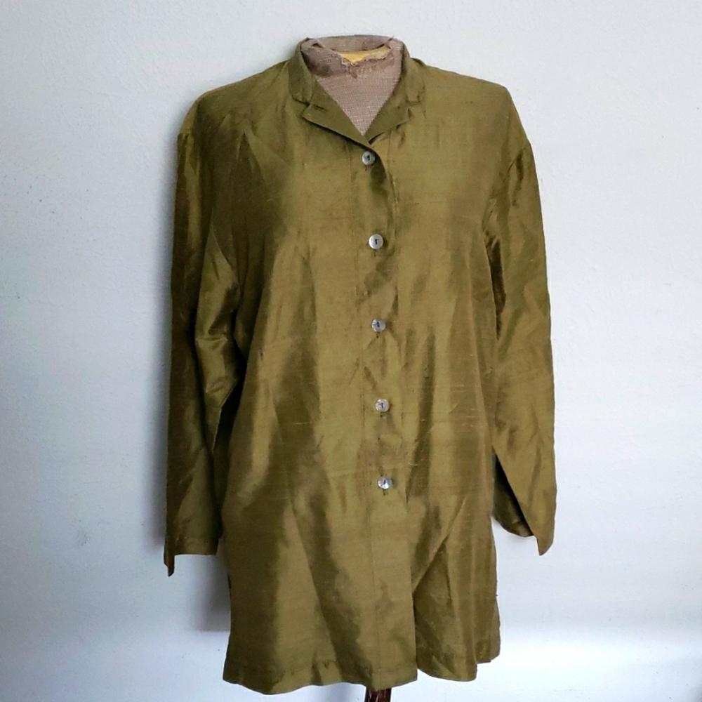 Vtg Y2K RARE LisBETH OSLO 100% SILK Olive Green Women's BUTTON  BLOUSE SZ M